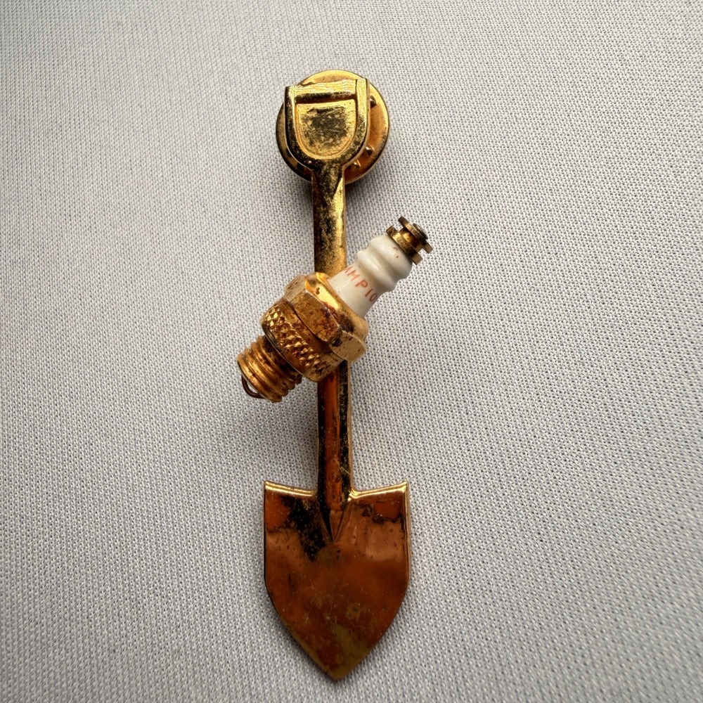 Vtg Champion Spark Plug Shovel Lapel Pin Gold Tone Mechanic Tool Automobilia